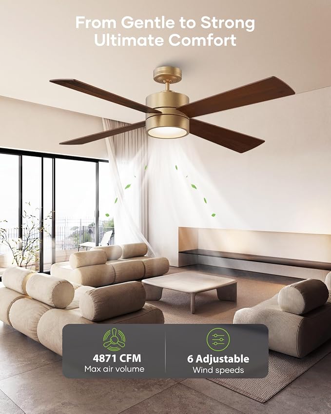 52" Ceiling Fan with Light and Remote, Bronze Modern Ceiling Fan, ReversibleDC Motor, Walnut/White Blades, Dimmable LED for