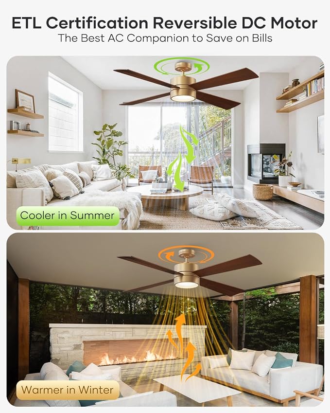 52" Ceiling Fan with Light and Remote, Bronze Modern Ceiling Fan, ReversibleDC Motor, Walnut/White Blades, Dimmable LED for