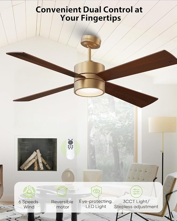 52" Ceiling Fan with Light and Remote, Bronze Modern Ceiling Fan, ReversibleDC Motor, Walnut/White Blades, Dimmable LED for