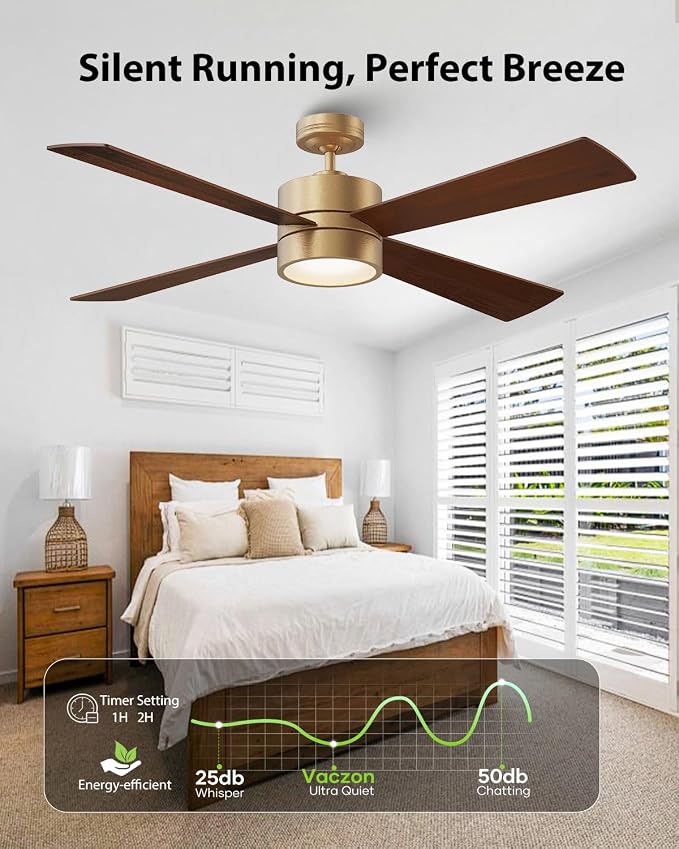 52" Ceiling Fan with Light and Remote, Bronze Modern Ceiling Fan, ReversibleDC Motor, Walnut/White Blades, Dimmable LED for