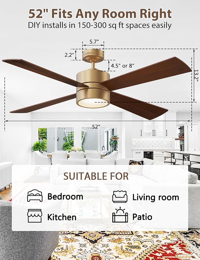 52" Ceiling Fan with Light and Remote, Bronze Modern Ceiling Fan, ReversibleDC Motor, Walnut/White Blades, Dimmable LED for