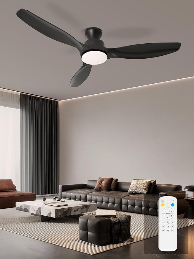 52" Ceiling Fan with Light and Remote, Flush Mount Ceiling Fan with 3 Blades, Low Profile Fan, 6 Speed, Queit DC Motor