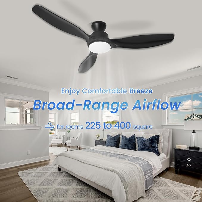 52" Ceiling Fan with Light and Remote, Flush Mount Ceiling Fan with 3 Blades, Low Profile Fan, 6 Speed, Queit DC Motor