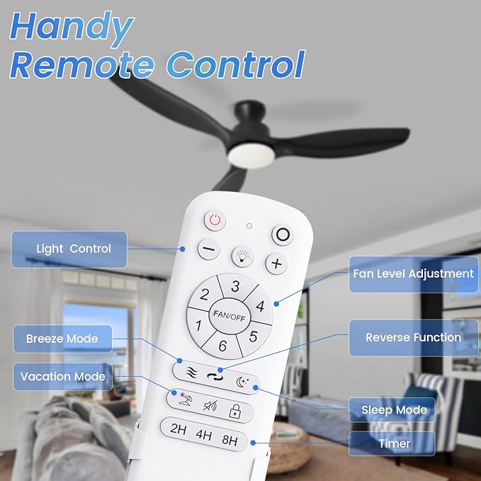 52" Ceiling Fan with Light and Remote, Flush Mount Ceiling Fan with 3 Blades, Low Profile Fan, 6 Speed, Queit DC Motor