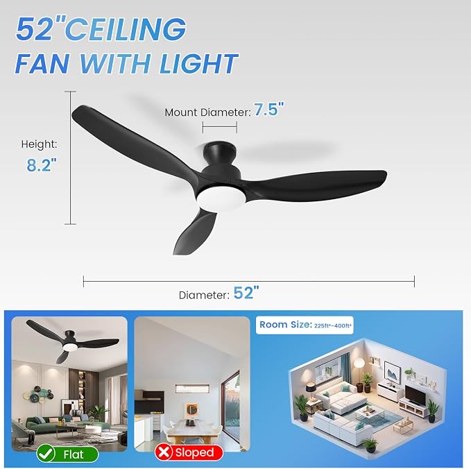 52" Ceiling Fan with Light and Remote, Flush Mount Ceiling Fan with 3 Blades, Low Profile Fan, 6 Speed, Queit DC Motor