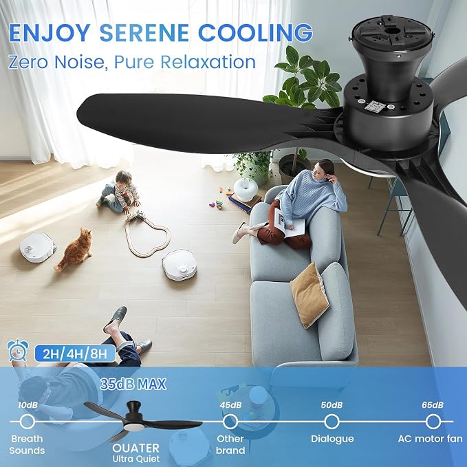 52" Ceiling Fan with Light and Remote, Flush Mount Ceiling Fan with 3 Blades, Low Profile Fan, 6 Speed, Queit DC Motor