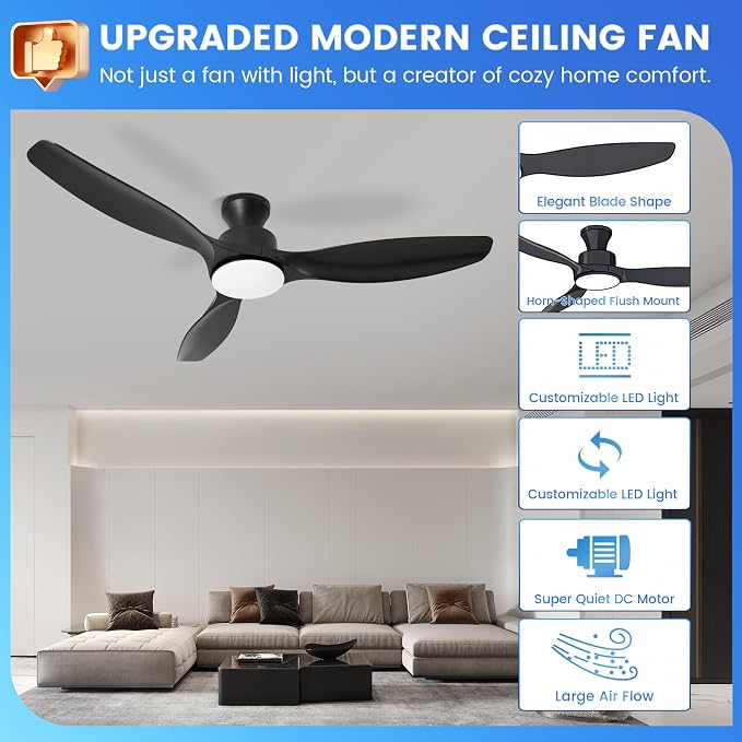 52" Ceiling Fan with Light and Remote, Flush Mount Ceiling Fan with 3 Blades, Low Profile Fan, 6 Speed, Queit DC Motor