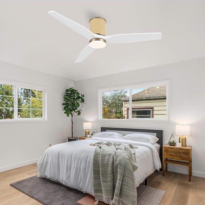 52" Ceiling Fan with Light - Low Profile Flush Mount Ceiling Fan, 6-Speed Remote Control, Solid Wood, Quiet Reversible DC