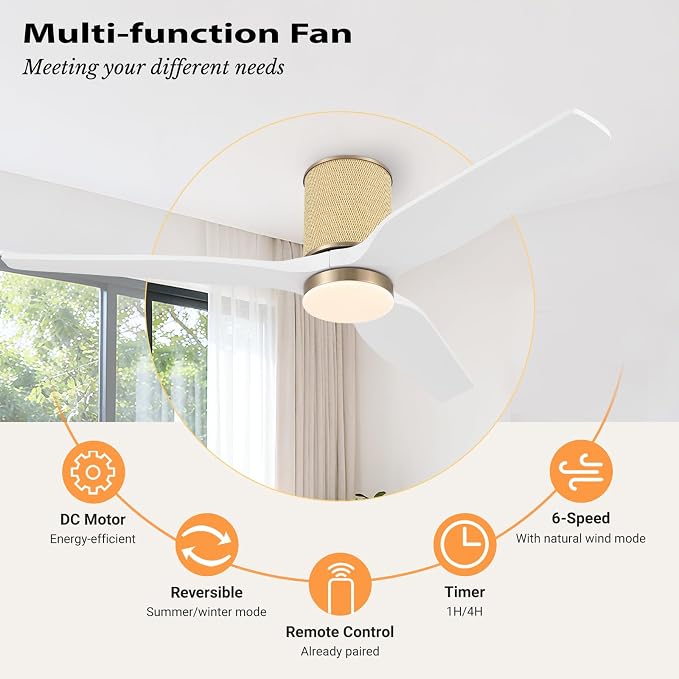 52" Ceiling Fan with Light - Low Profile Flush Mount Ceiling Fan, 6-Speed Remote Control, Solid Wood, Quiet Reversible DC