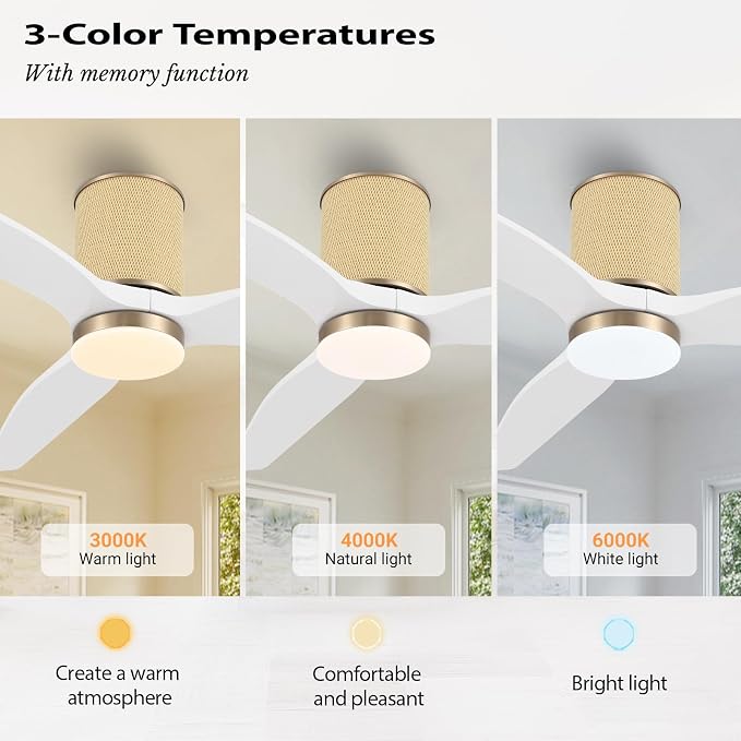 52" Ceiling Fan with Light - Low Profile Flush Mount Ceiling Fan, 6-Speed Remote Control, Solid Wood, Quiet Reversible DC