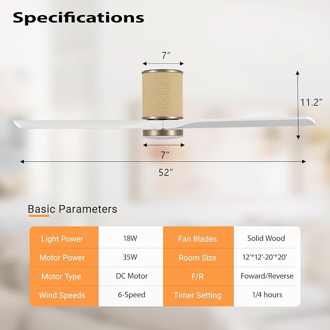 52" Ceiling Fan with Light - Low Profile Flush Mount Ceiling Fan, 6-Speed Remote Control, Solid Wood, Quiet Reversible DC