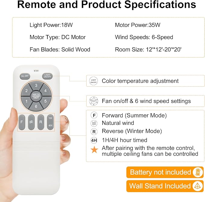 52" Ceiling Fan with Light - Low Profile Flush Mount Ceiling Fan, 6-Speed Remote Control, Solid Wood, Quiet Reversible DC
