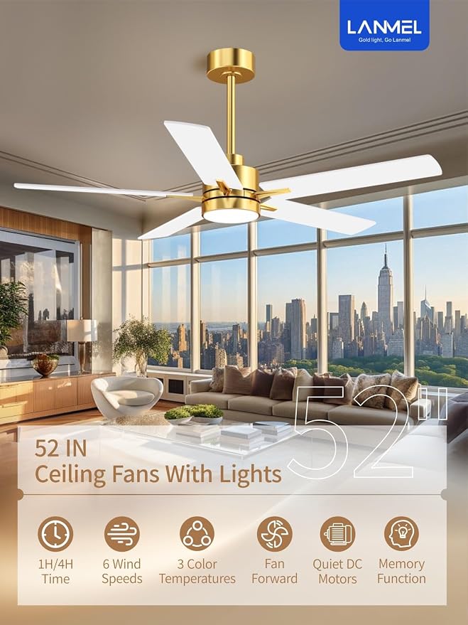 52'' Ceiling Fan with Lights and Remote, Low Profile Modern Ceiling Fan Gold, 6 Speed, Reversible, 3000k-6000k LED, Quiet DC