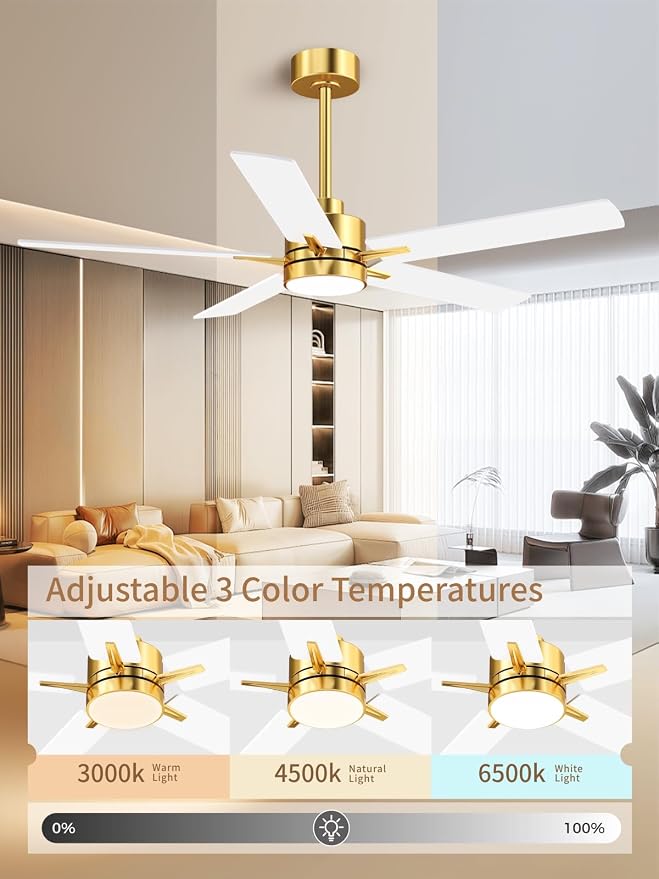 52'' Ceiling Fan with Lights and Remote, Low Profile Modern Ceiling Fan Gold, 6 Speed, Reversible, 3000k-6000k LED, Quiet DC