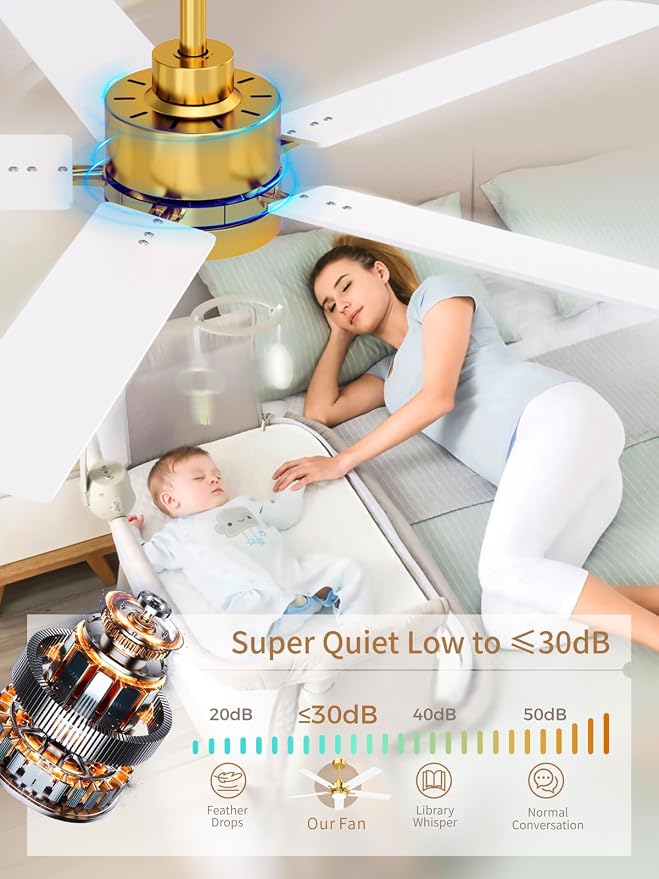 52'' Ceiling Fan with Lights and Remote, Low Profile Modern Ceiling Fan Gold, 6 Speed, Reversible, 3000k-6000k LED, Quiet DC