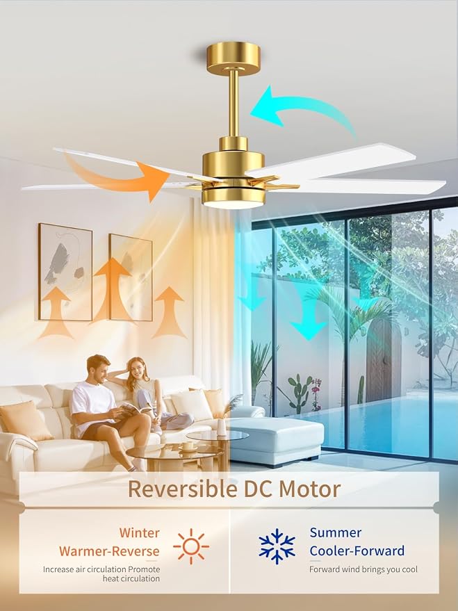 52'' Ceiling Fan with Lights and Remote, Low Profile Modern Ceiling Fan Gold, 6 Speed, Reversible, 3000k-6000k LED, Quiet DC