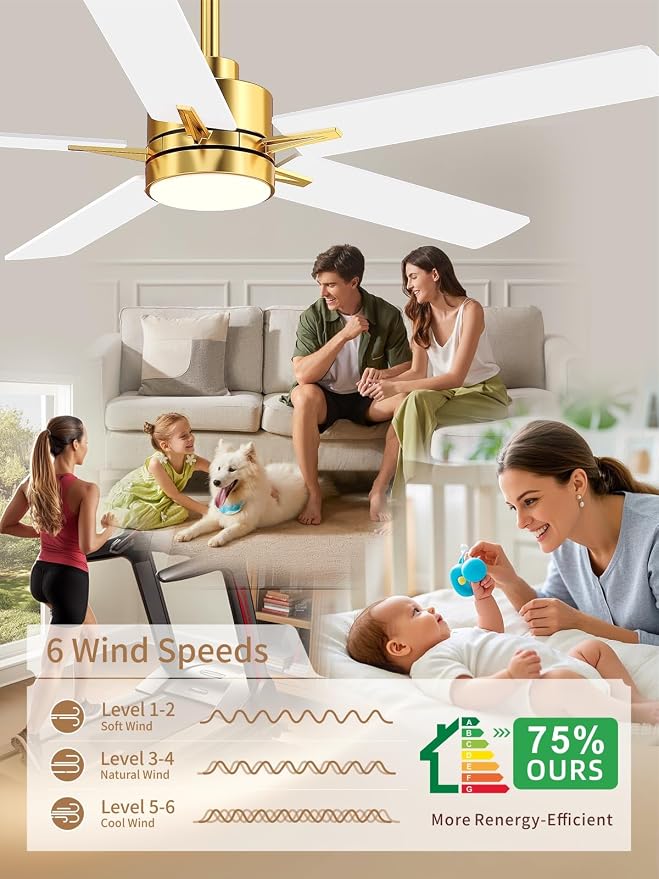 52'' Ceiling Fan with Lights and Remote, Low Profile Modern Ceiling Fan Gold, 6 Speed, Reversible, 3000k-6000k LED, Quiet DC