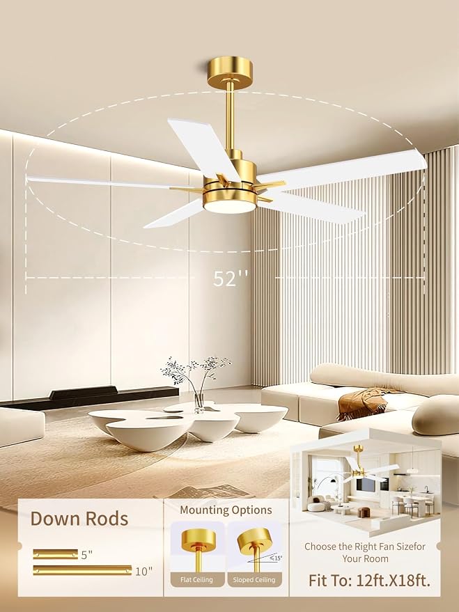 52'' Ceiling Fan with Lights and Remote, Low Profile Modern Ceiling Fan Gold, 6 Speed, Reversible, 3000k-6000k LED, Quiet DC