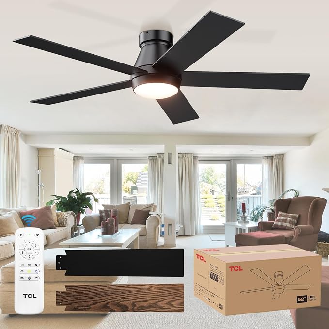 52" Ceiling Fan with Lights, Black Flush Mount Ceiling Fans with Remote Control, 6 Speeds DC Reversible, Dimmable, Noiseless