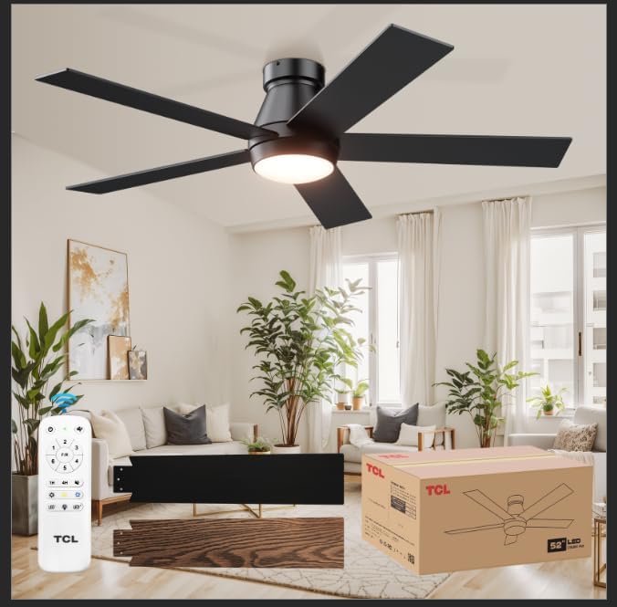 52" Ceiling Fan with Lights, Black Flush Mount Ceiling Fans with Remote Control, 6 Speeds DC Reversible, Dimmable, Noiseless