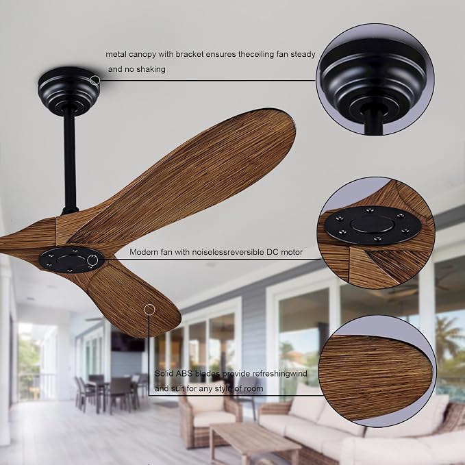 52" Ceiling Fan with Remote Control No Lights,Modern Reversible DC Motor Indoor Outdoor 3 Blades Ceiling Fans for Patio