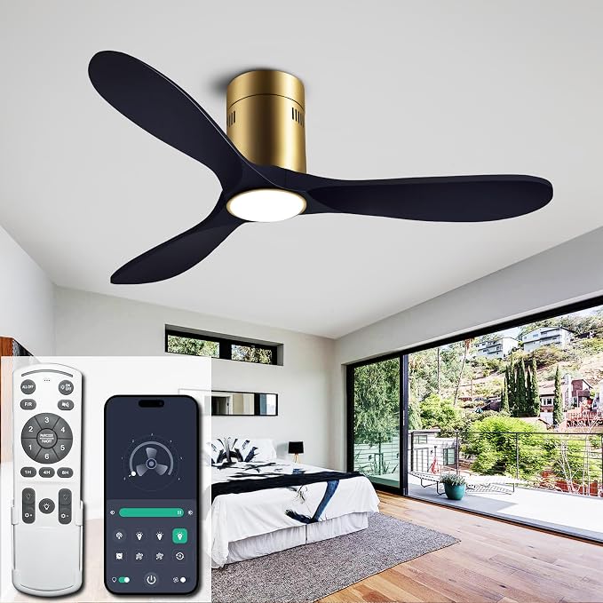 52” Ceiling Fans with Light with 6 Speed Remote/APP Control, Solid Wood Fan Blade, 3CCT Dimmable LED, Silent, Recessed