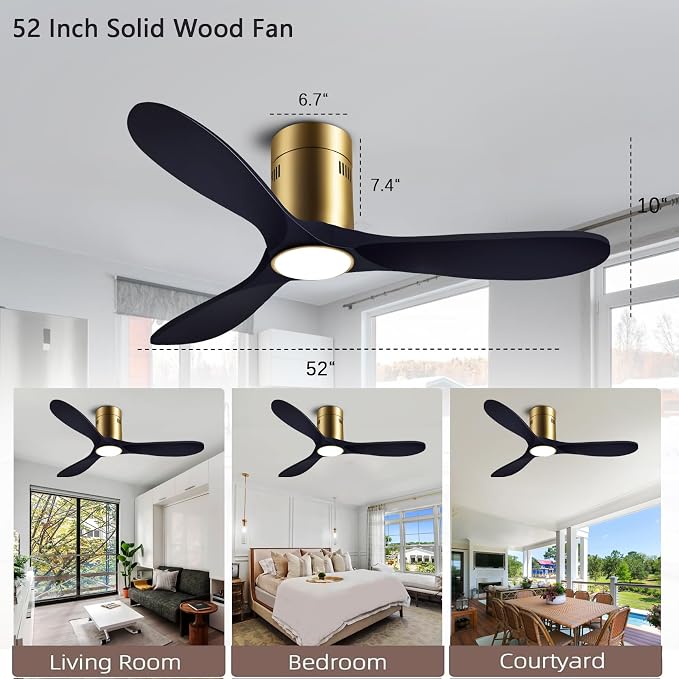 52” Ceiling Fans with Light with 6 Speed Remote/APP Control, Solid Wood Fan Blade, 3CCT Dimmable LED, Silent, Recessed