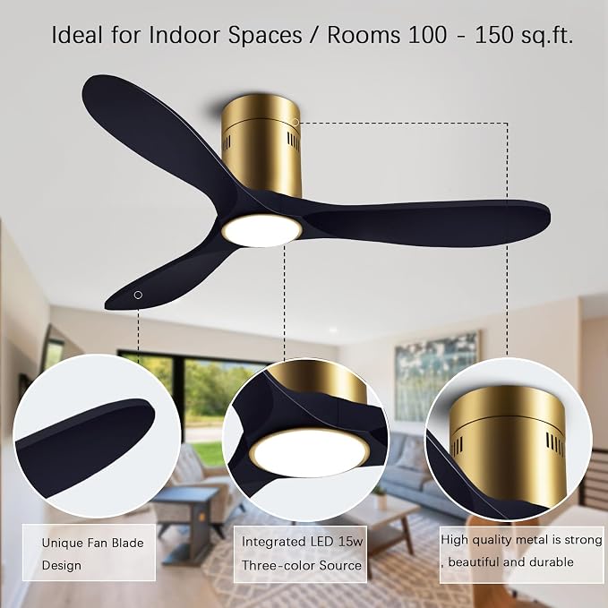 52” Ceiling Fans with Light with 6 Speed Remote/APP Control, Solid Wood Fan Blade, 3CCT Dimmable LED, Silent, Recessed