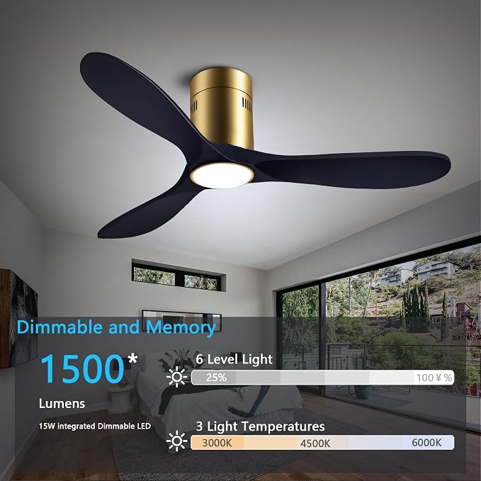 52” Ceiling Fans with Light with 6 Speed Remote/APP Control, Solid Wood Fan Blade, 3CCT Dimmable LED, Silent, Recessed