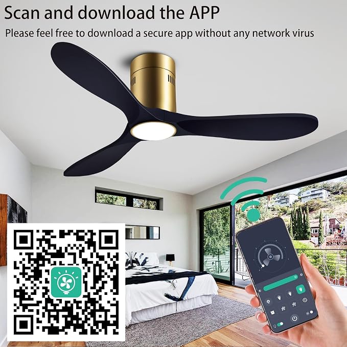 52” Ceiling Fans with Light with 6 Speed Remote/APP Control, Solid Wood Fan Blade, 3CCT Dimmable LED, Silent, Recessed