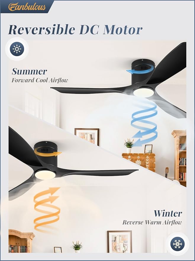 52" Ceiling Fans with Lights and Remote Control,Modern Flush Mount Ceiling Fan with 3 LED Colors,Outdoor Low Profile Ceiling
