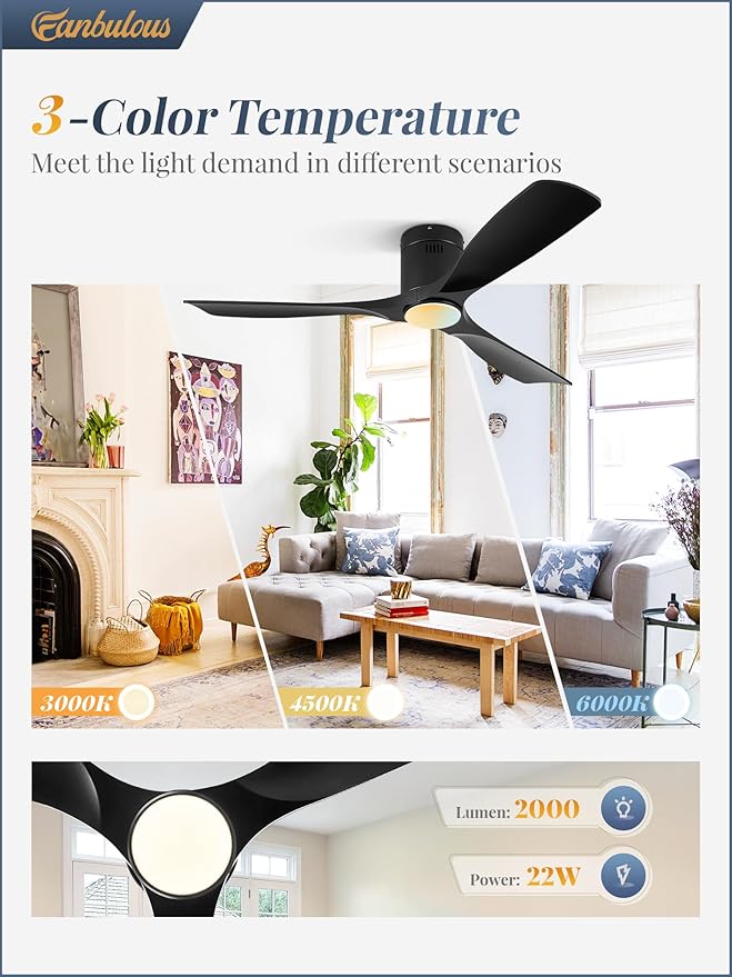 52" Ceiling Fans with Lights and Remote Control,Modern Flush Mount Ceiling Fan with 3 LED Colors,Outdoor Low Profile Ceiling