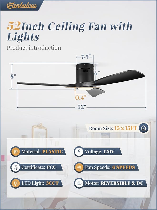 52" Ceiling Fans with Lights and Remote Control,Modern Flush Mount Ceiling Fan with 3 LED Colors,Outdoor Low Profile Ceiling
