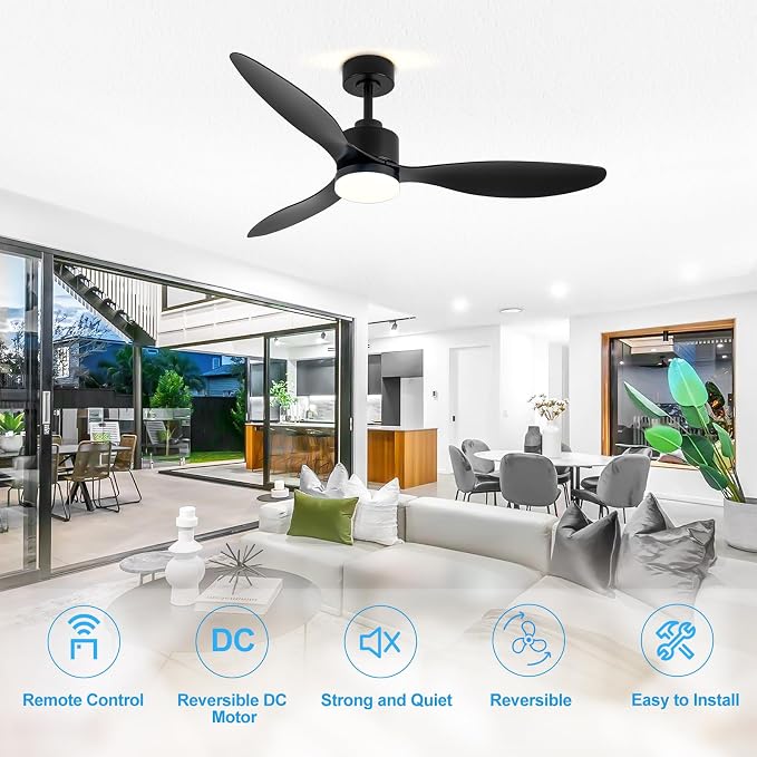 52" Ceiling Fans with Lights and Remote, Quiet DC Motor, 3 Reversible Blades, 6-Speed, Modern Industrial Black Ceiling Fan