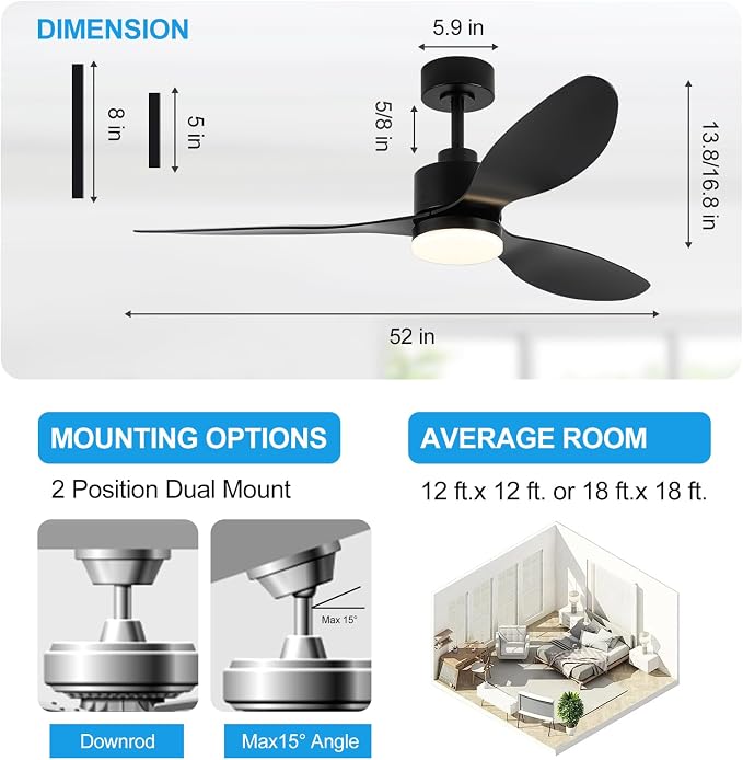 52" Ceiling Fans with Lights and Remote, Quiet DC Motor, 3 Reversible Blades, 6-Speed, Modern Industrial Black Ceiling Fan