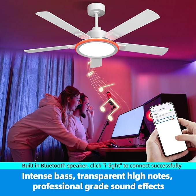 52" Ceiling Fans with Lights,Bluetooth Ceiling Fan with Speaker,6-Speed Reversible Motor,Full-Spectrum Adjustable, alternate
