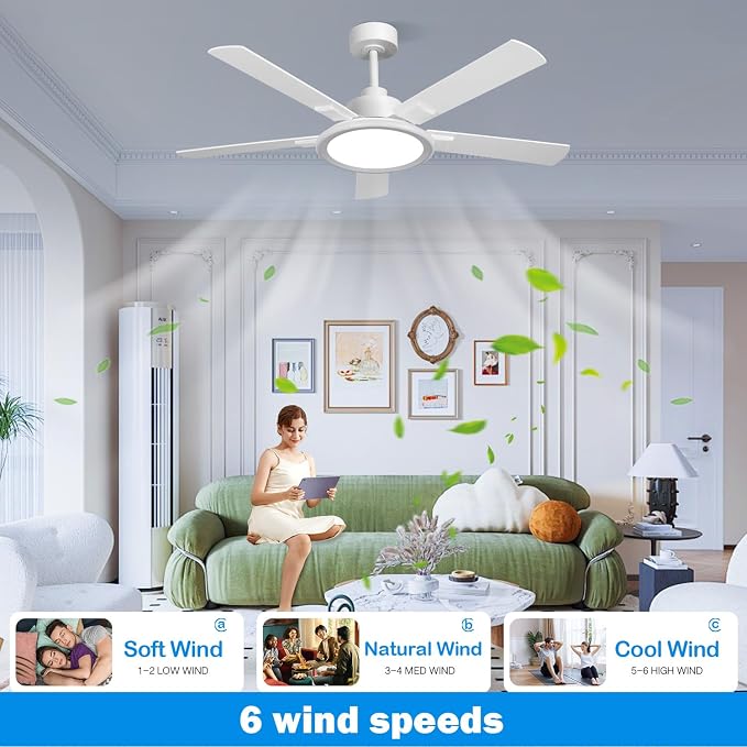 52" Ceiling Fans with Lights,Bluetooth Ceiling Fan with Speaker,6-Speed Reversible Motor,Full-Spectrum Adjustable, alternate