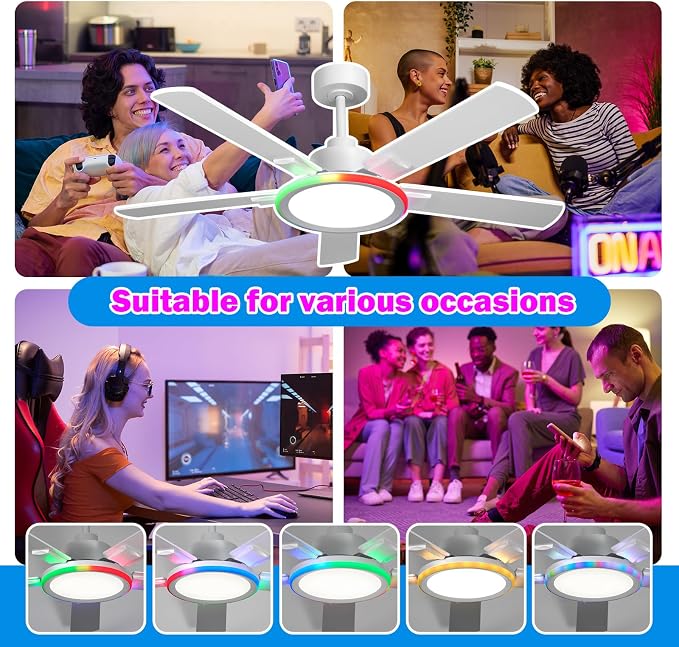 52" Ceiling Fans with Lights,Bluetooth Ceiling Fan with Speaker,6-Speed Reversible Motor,Full-Spectrum Adjustable, alternate