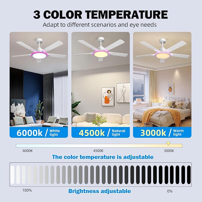52" Ceiling Fans with Lights,Bluetooth Ceiling Fan with Speaker,6-Speed Reversible Motor,Full-Spectrum Adjustable, alternate