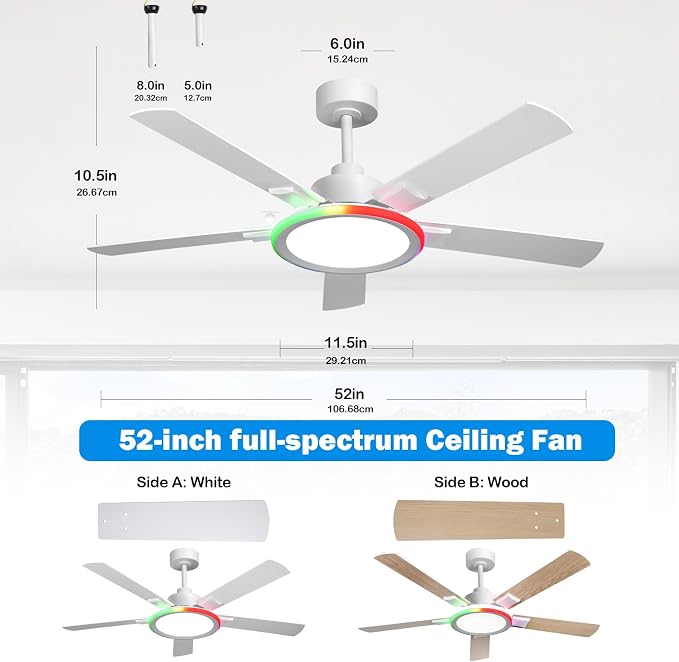 52" Ceiling Fans with Lights,Bluetooth Ceiling Fan with Speaker,6-Speed Reversible Motor,Full-Spectrum Adjustable, alternate