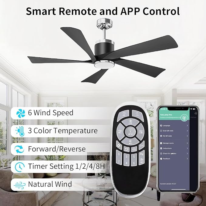 52'' Ceiling Fans with Lights, Modern Ceiling Fan with Remote Control, Indoor Outdoor Ceiling Fan for Living Room,Bedroom 5