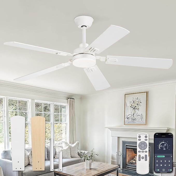52" Ceiling Fans with Lights, White Modern Ceiling Fan with Remote, bedroom Indoor Ceiling Fan with Dual Finish