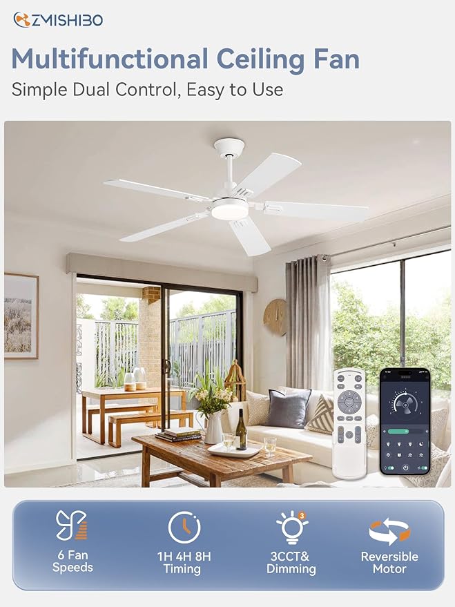 52" Ceiling Fans with Lights, White Modern Ceiling Fan with Remote, bedroom Indoor Ceiling Fan with Dual Finish, alternate
