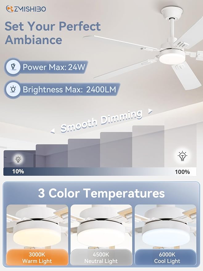 52" Ceiling Fans with Lights, White Modern Ceiling Fan with Remote, bedroom Indoor Ceiling Fan with Dual Finish, alternate