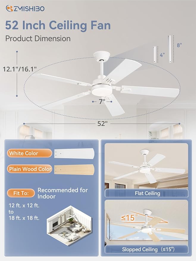 52" Ceiling Fans with Lights, White Modern Ceiling Fan with Remote, bedroom Indoor Ceiling Fan with Dual Finish, alternate