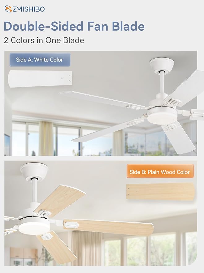52" Ceiling Fans with Lights, White Modern Ceiling Fan with Remote, bedroom Indoor Ceiling Fan with Dual Finish, alternate