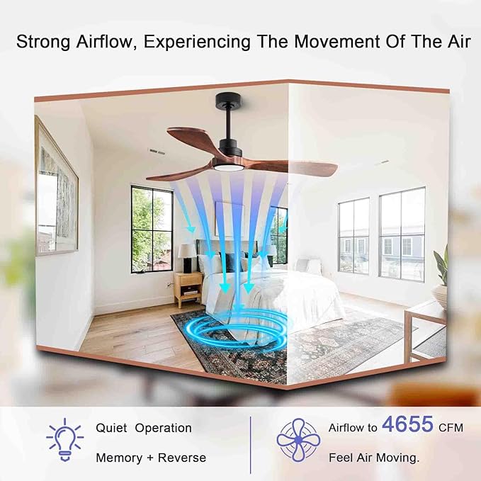 52” Ceiling Fans with Remote Control/Dimmer and Color Reduction with 3 Solid Wood Fan Blades, Ceiling Fan can be Used Indoors