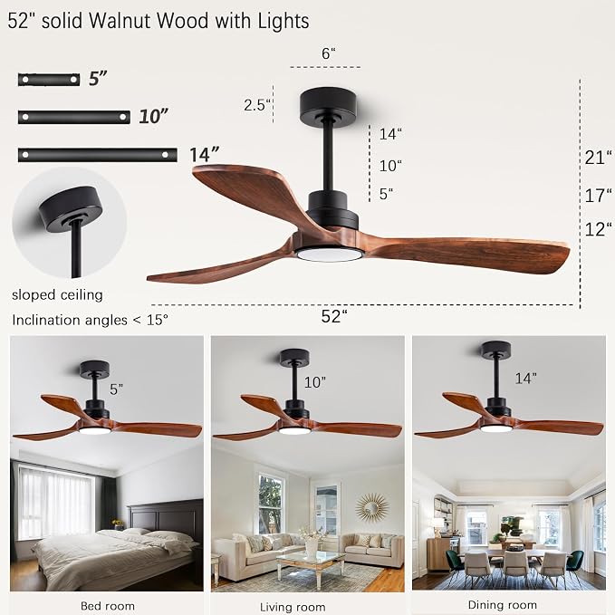 52” Ceiling Fans with Remote Control/Dimmer and Color Reduction with 3 Solid Wood Fan Blades, Ceiling Fan can be Used Indoors