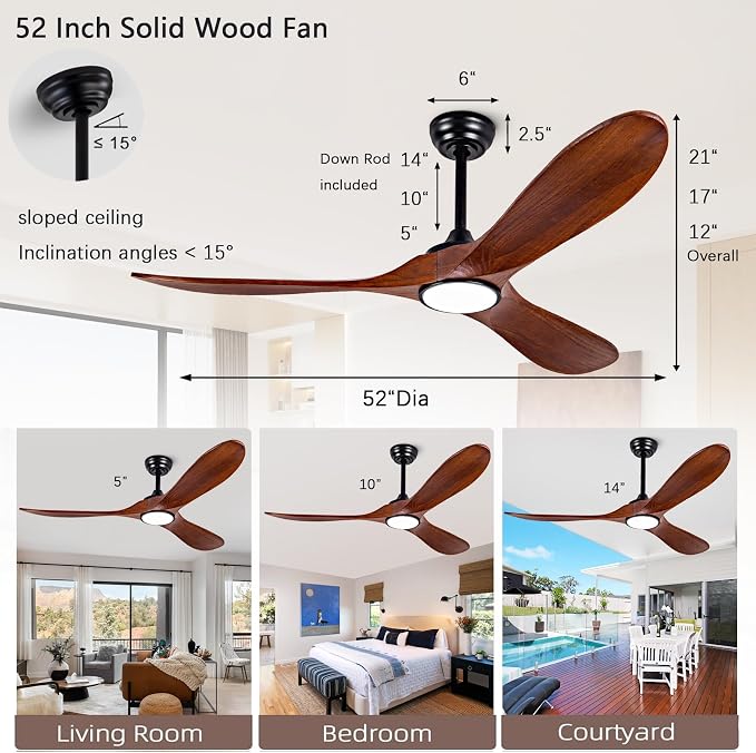 52” Ceiling Fans with Remote/Light/APP,Dimmer and Color, Wooden Ceiling Fan with 3 Wooden Blades for Patio, Living Room