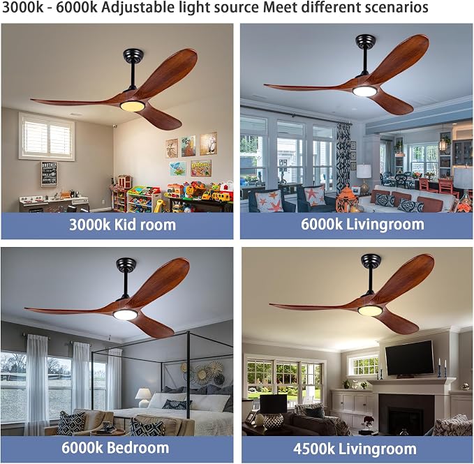 52” Ceiling Fans with Remote/Light/APP,Dimmer and Color, Wooden Ceiling Fan with 3 Wooden Blades for Patio, Living Room